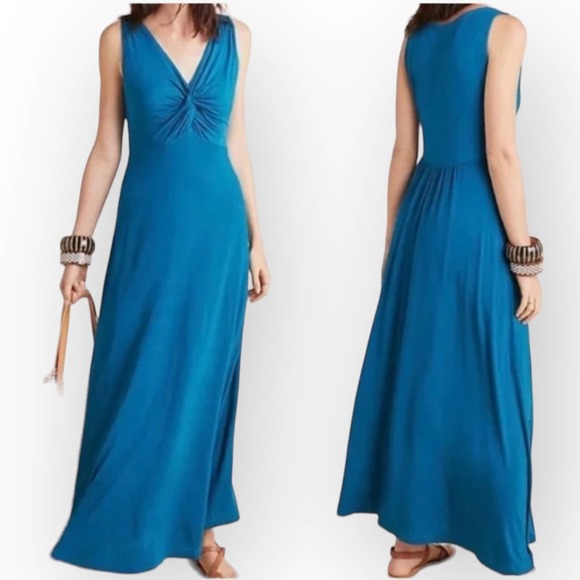ANTHROPOLOGIE Maeve Camilla Teal Maxi Dress V Neck Knot Front Blue Size XS - Picture 6 of 15